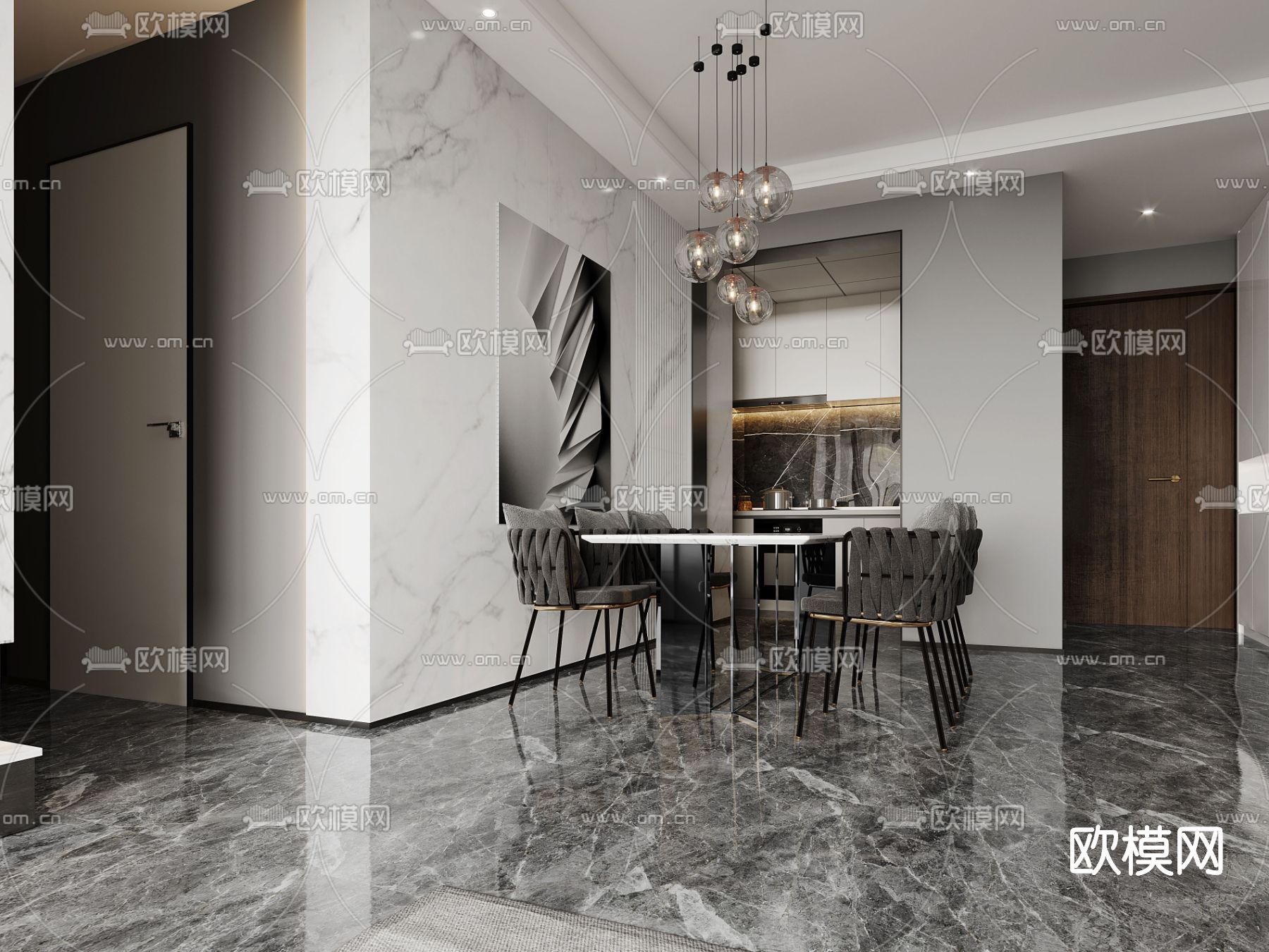 现代高级灰客餐厅3d模型下载（渲染图2）