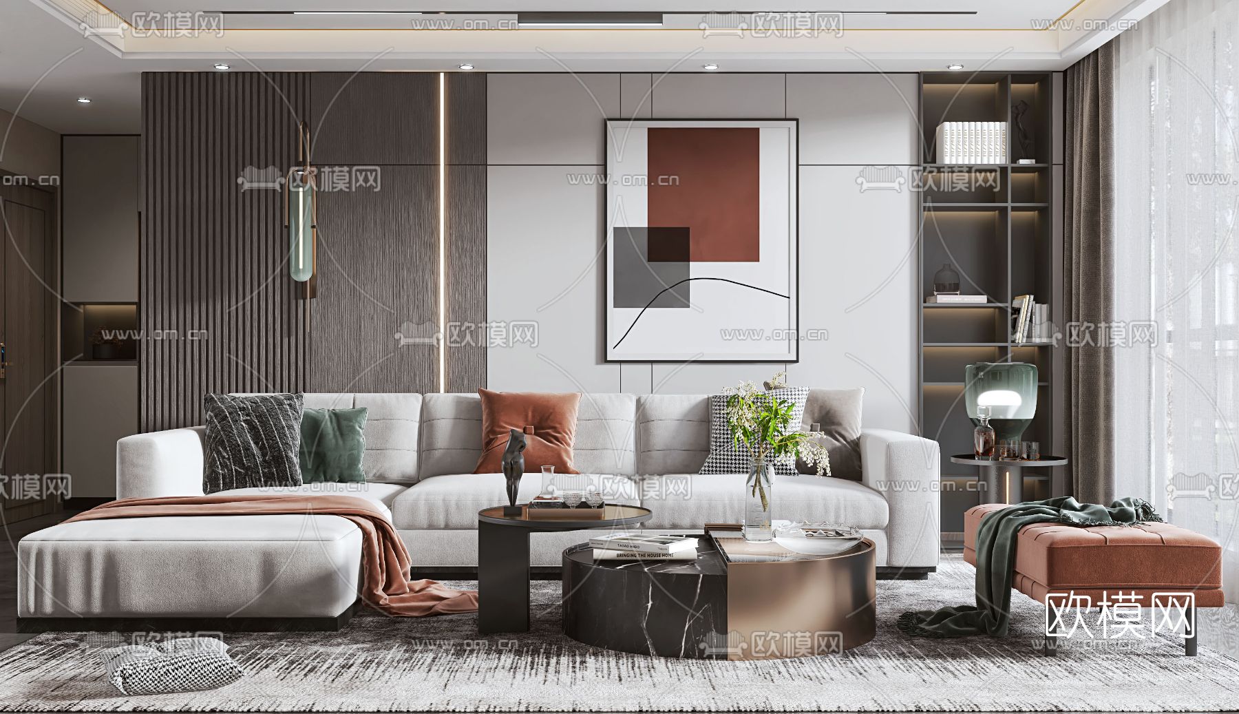 现代轻奢客厅3d模型下载（渲染图2）