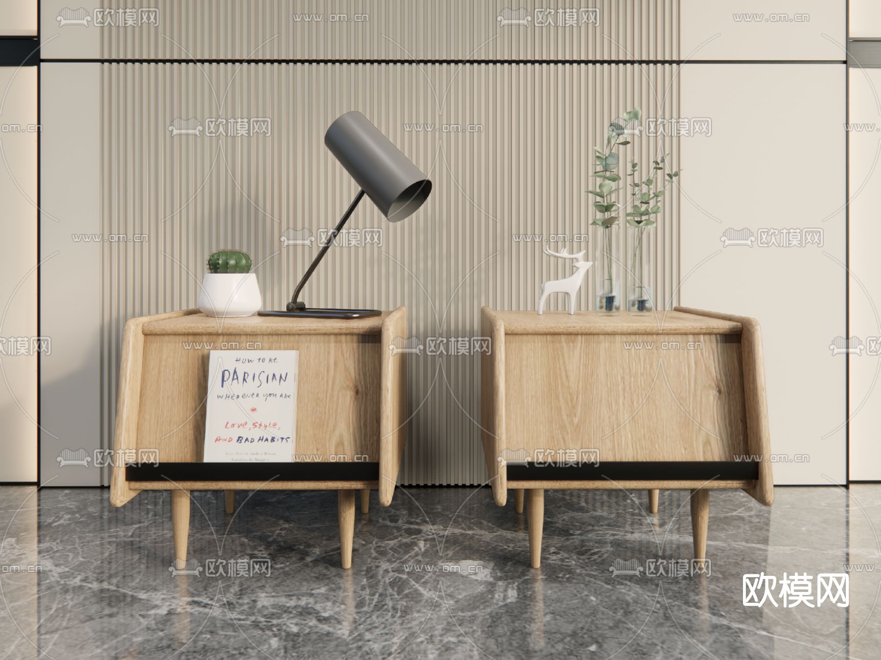 北欧实木床头柜su模型下载（渲染图1）