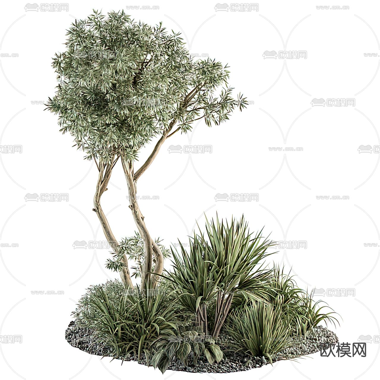 现代树木灌木植物堆3d模型下载（渲染图1）