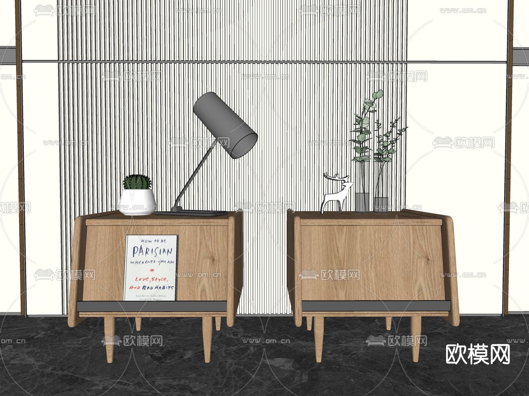 北欧实木床头柜su模型下载（渲染图2）