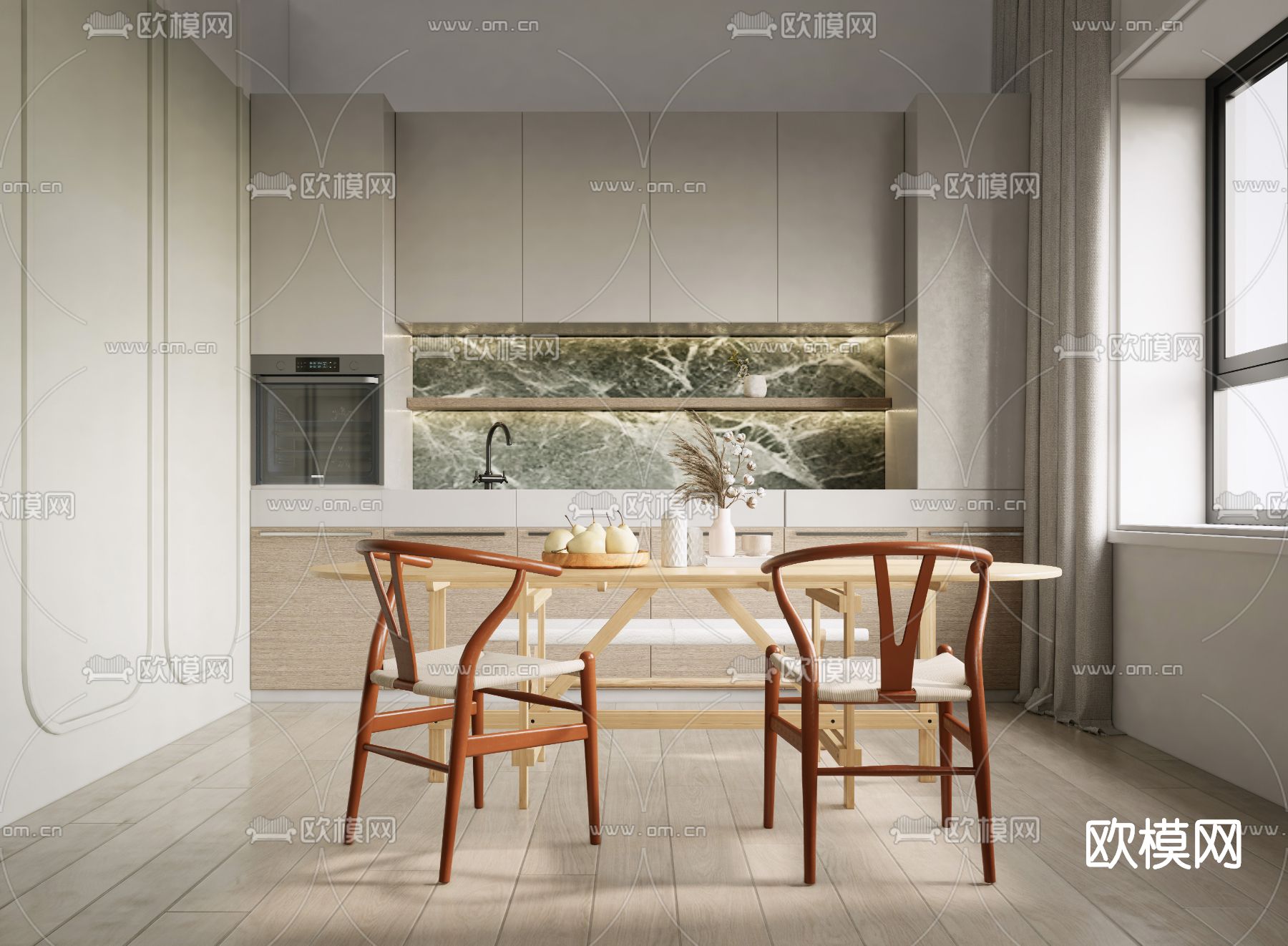 北欧实木餐桌椅su模型下载（渲染图1）