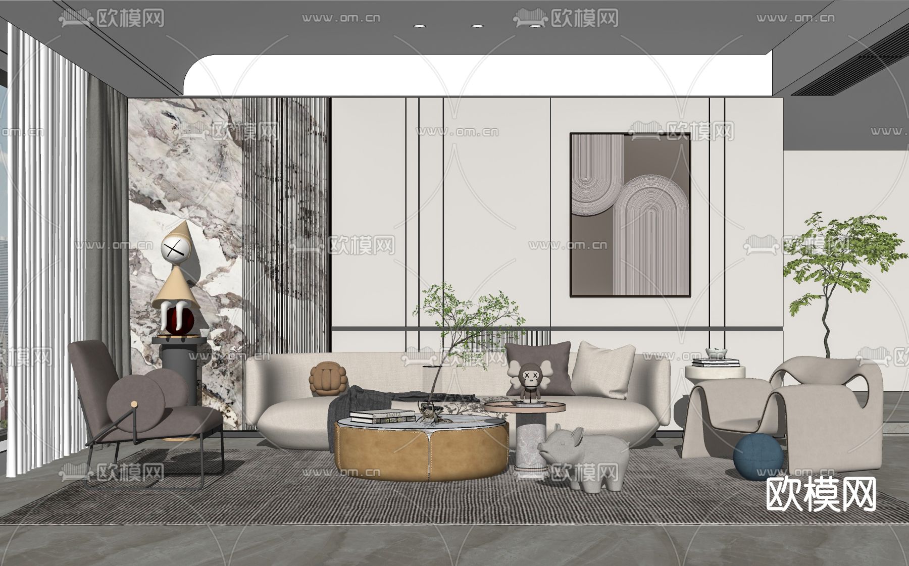 现代布艺沙发组合su模型