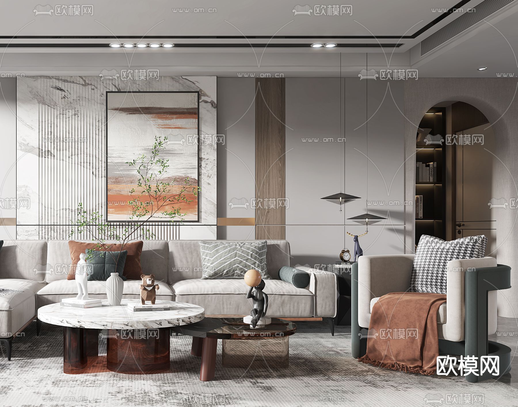 现代布艺转角沙发组合3d模型下载（渲染图3）