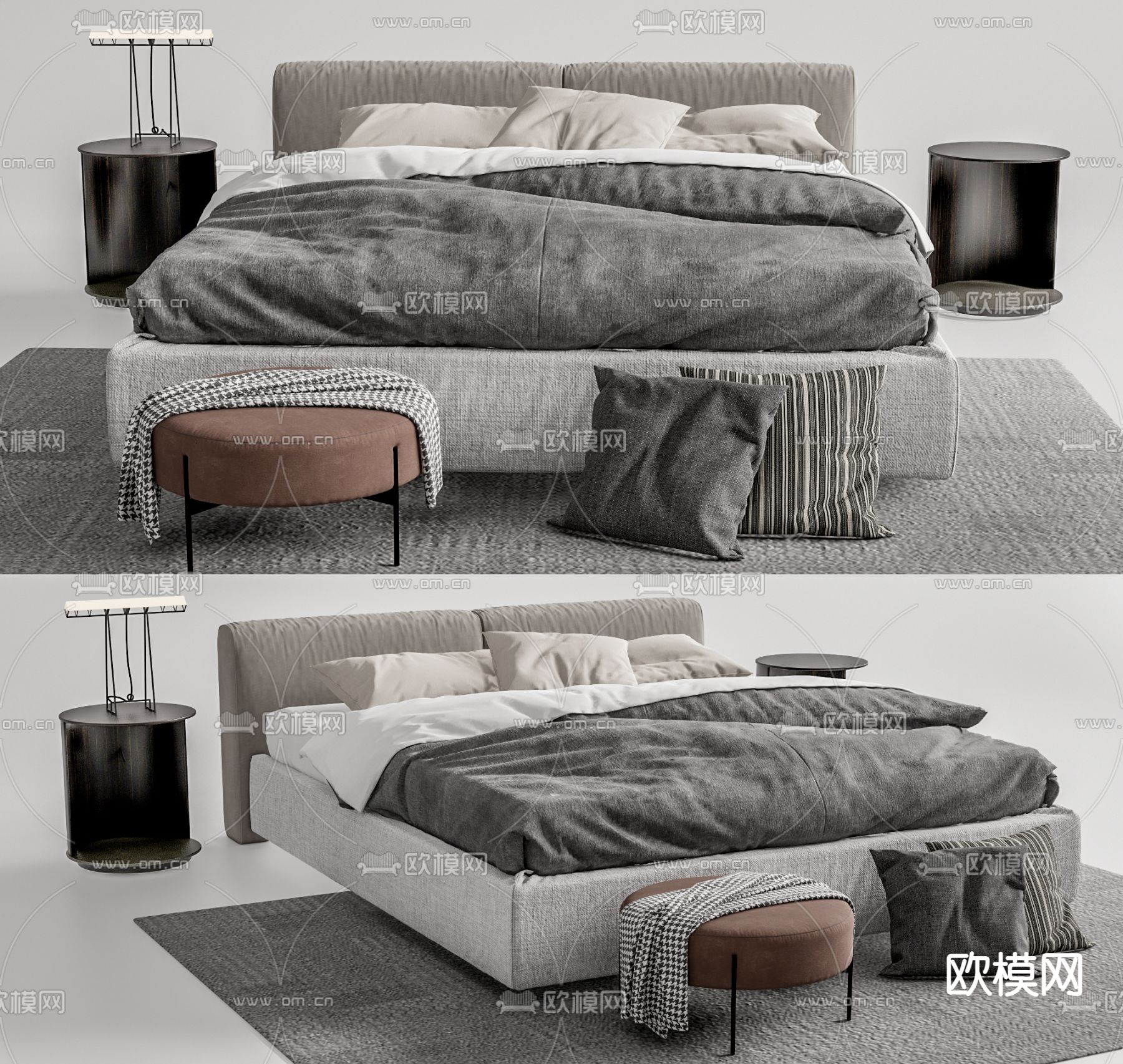 现代布艺双人床su模型下载（渲染图1）