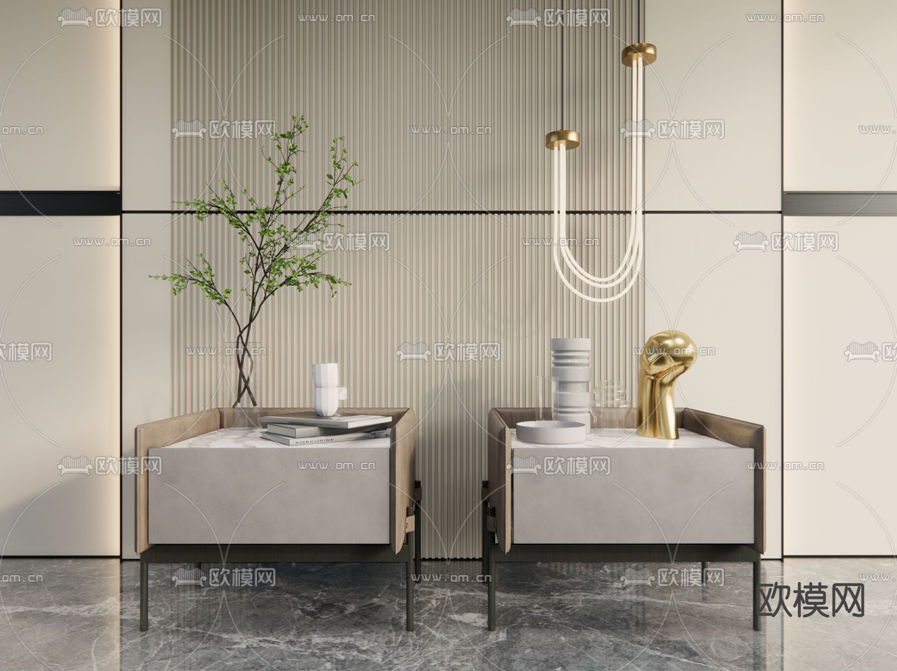 现代轻奢床头柜su模型下载（渲染图1）