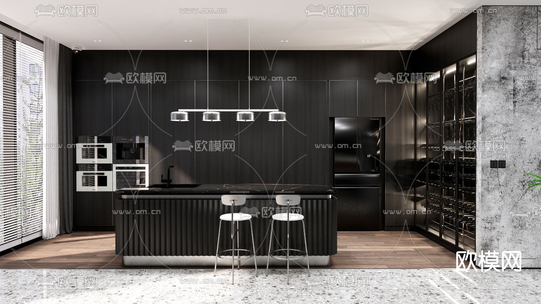 现代开放式厨房su模型下载（渲染图1）