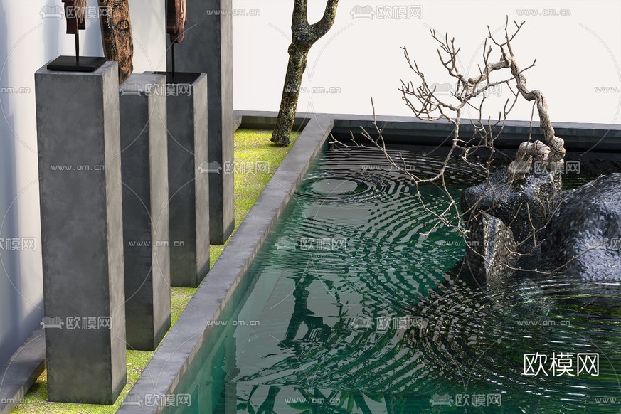 新中式园林小品水景3d模型下载(渲染图2)