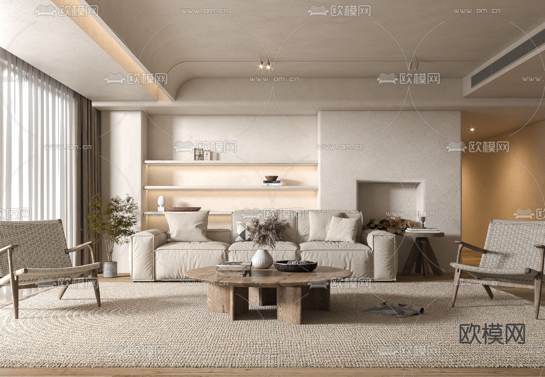 侘寂风布艺沙发组合3d模型下载