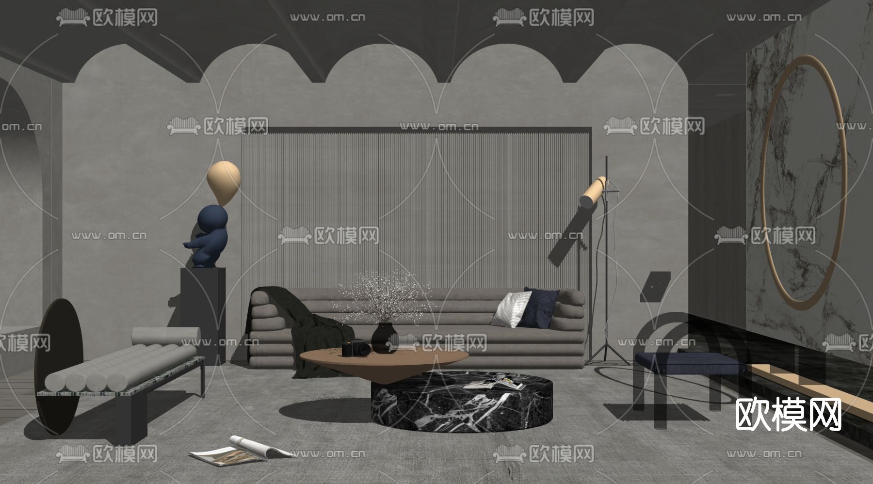 侘寂布艺沙发组合su模型下载（渲染图2）