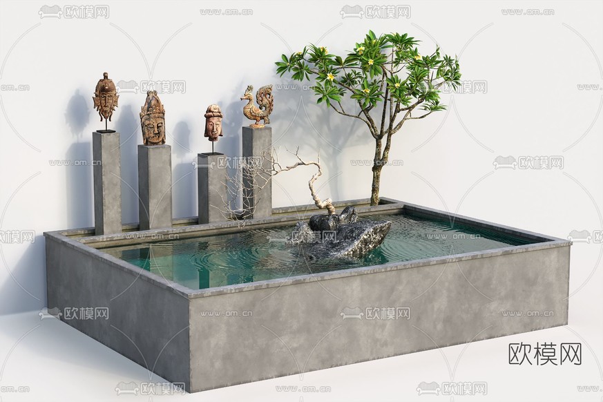 新中式园林小品水景3d模型下载(渲染图1)