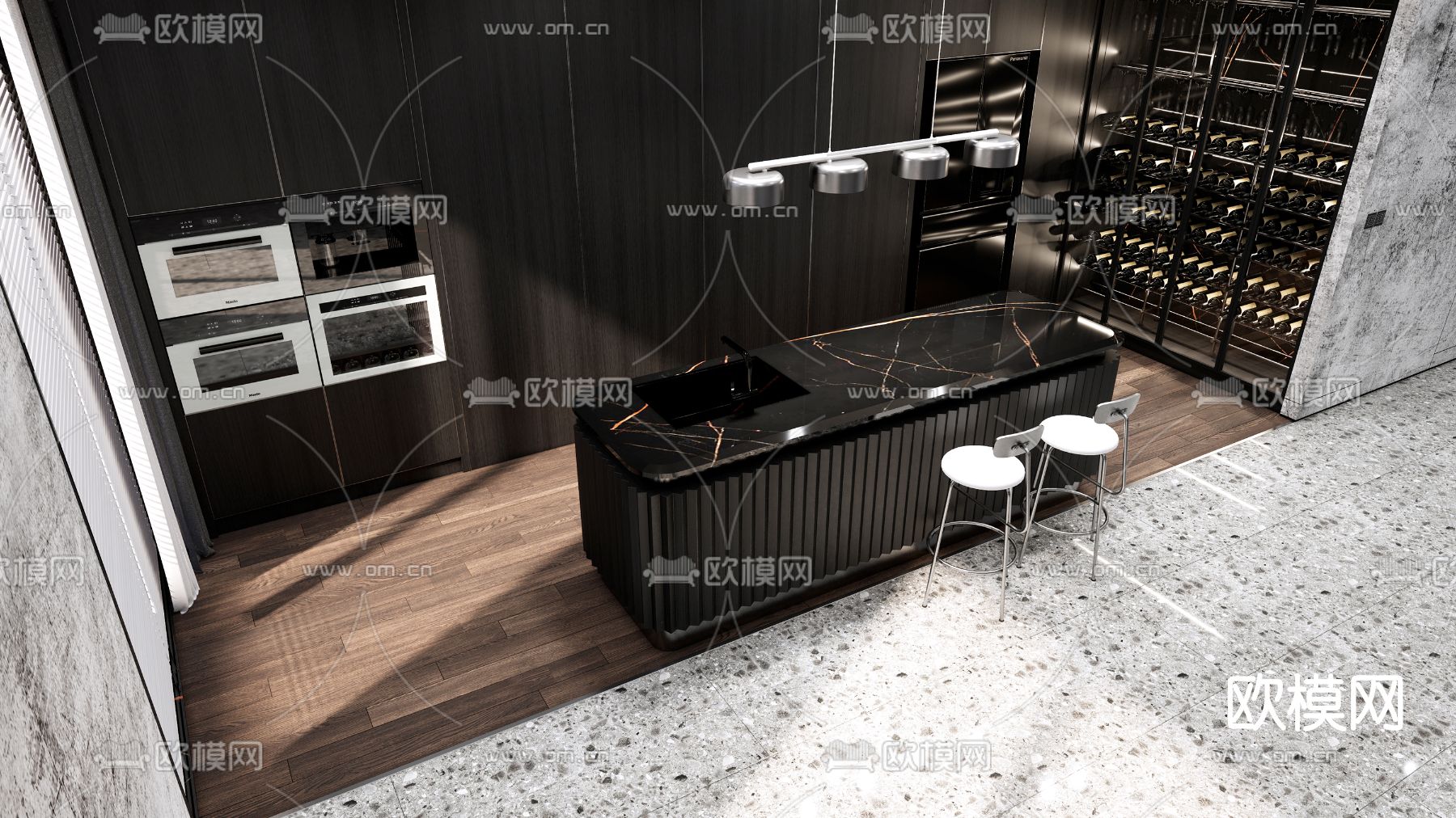 现代开放式厨房su模型下载（渲染图2）