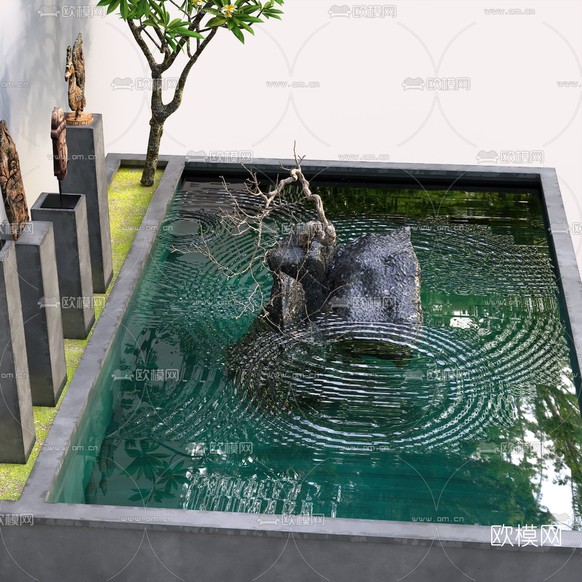 新中式园林小品水景3d模型下载(渲染图4)