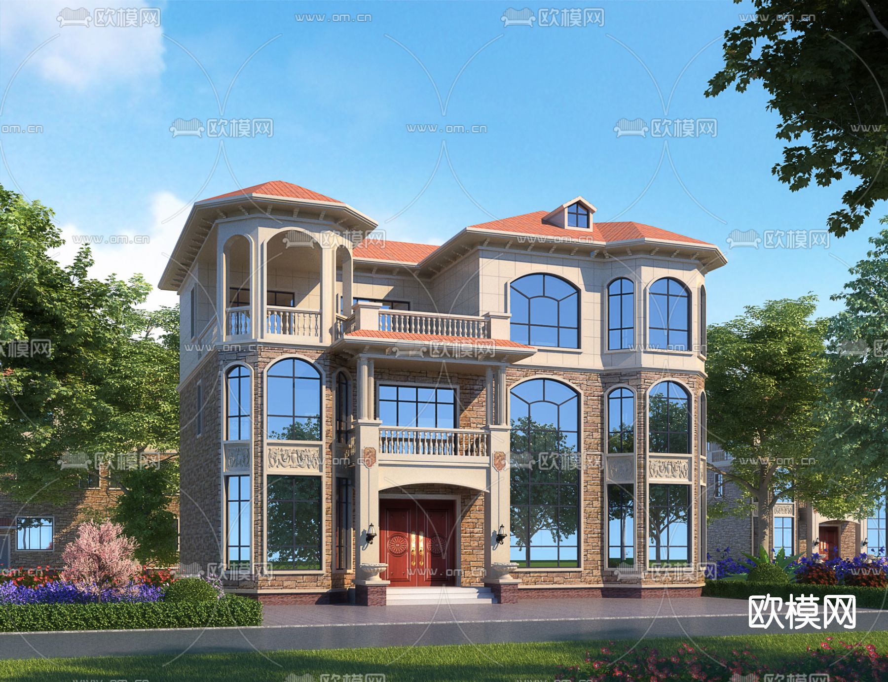 简欧独栋别墅外观3d模型下载