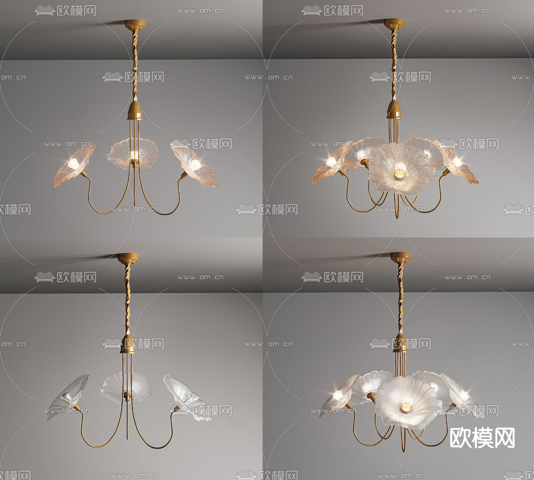 美式玻璃多头吊灯3d模型下载（渲染图1）