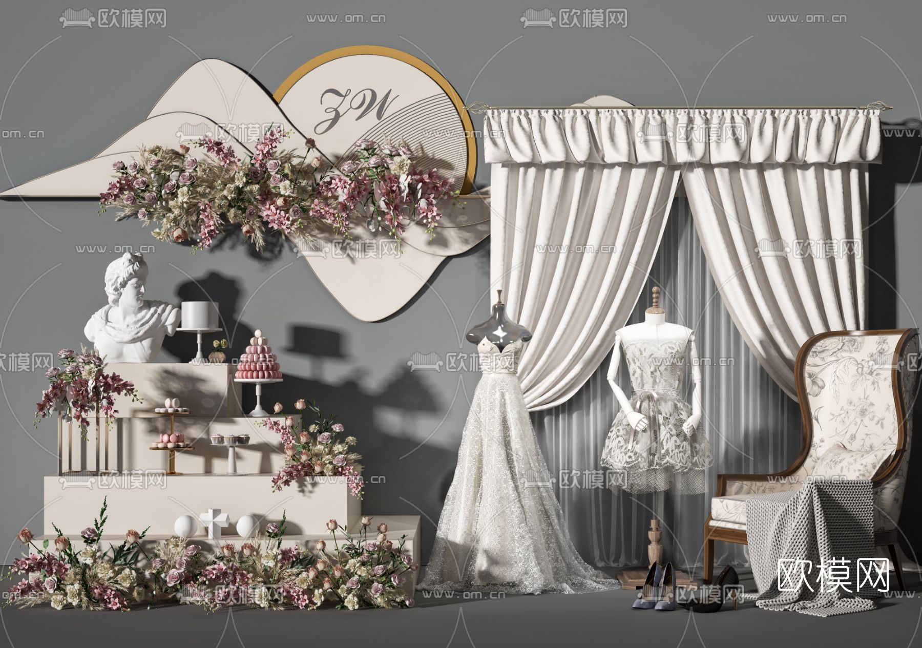 现代婚庆橱窗花艺婚纱展示3d模型