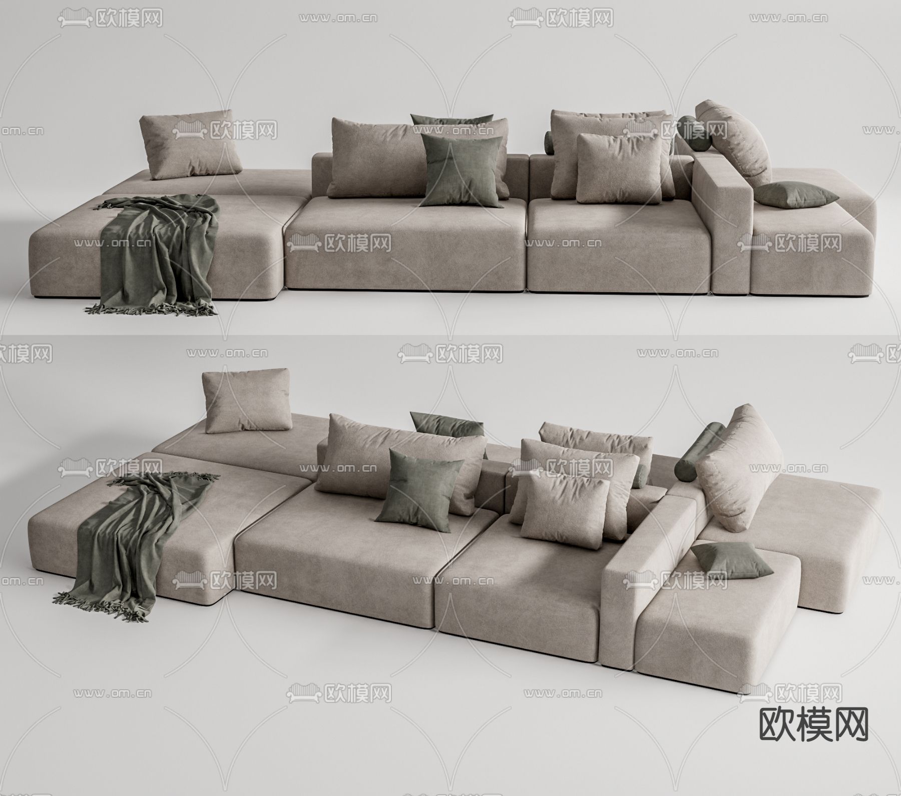 现代布艺转角沙发su模型下载（渲染图1）