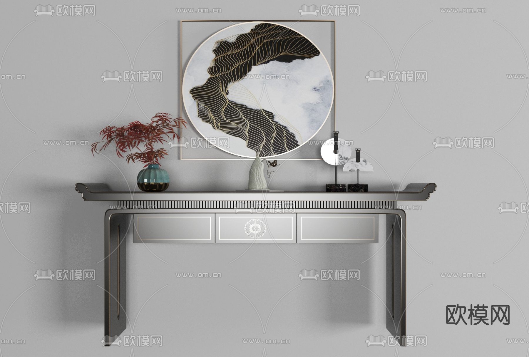 新中式玄关端景条案免费3d模型下载