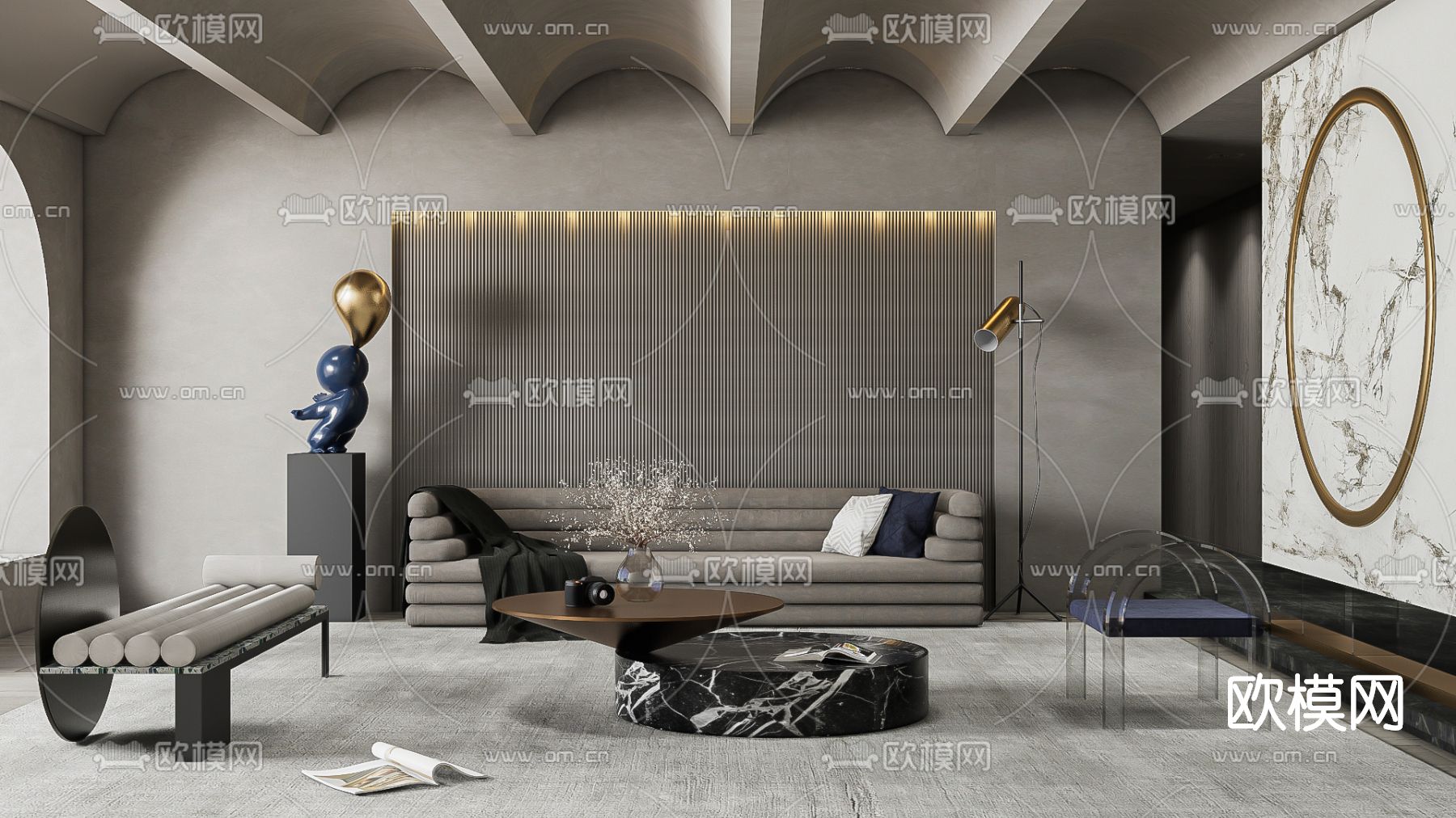 侘寂布艺沙发组合su模型下载（渲染图1）