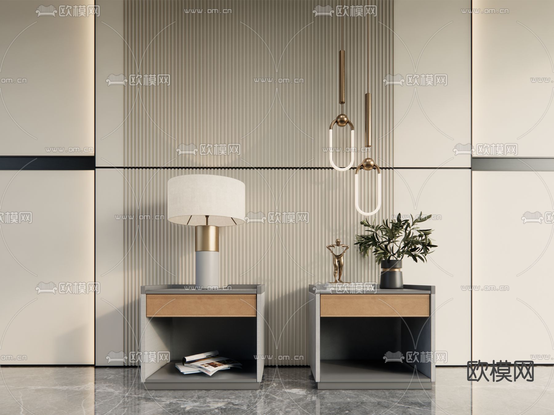 现代轻奢床头柜su模型下载（渲染图1）