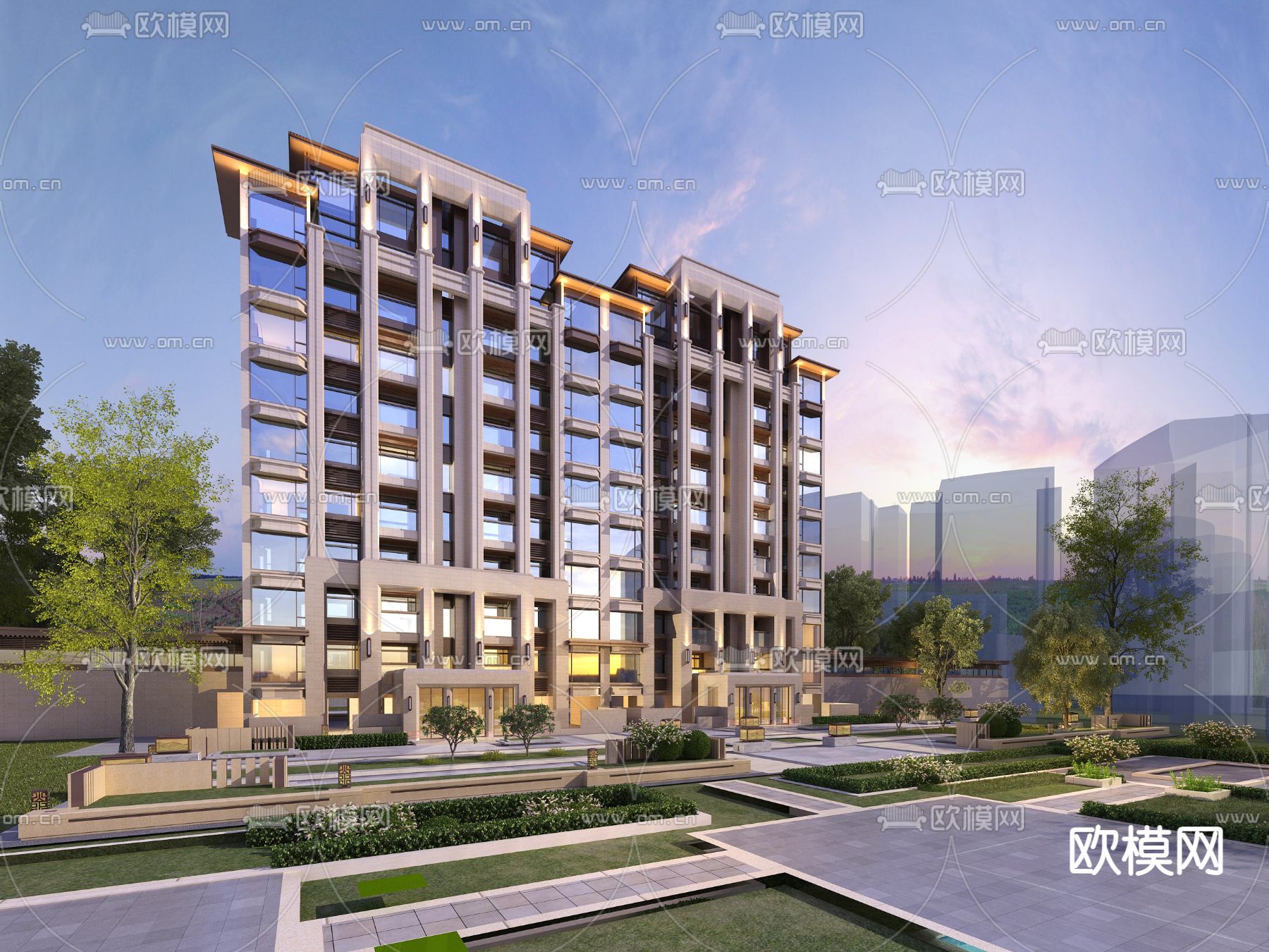 欧式小区住宅夜景建筑外观3d模型下载