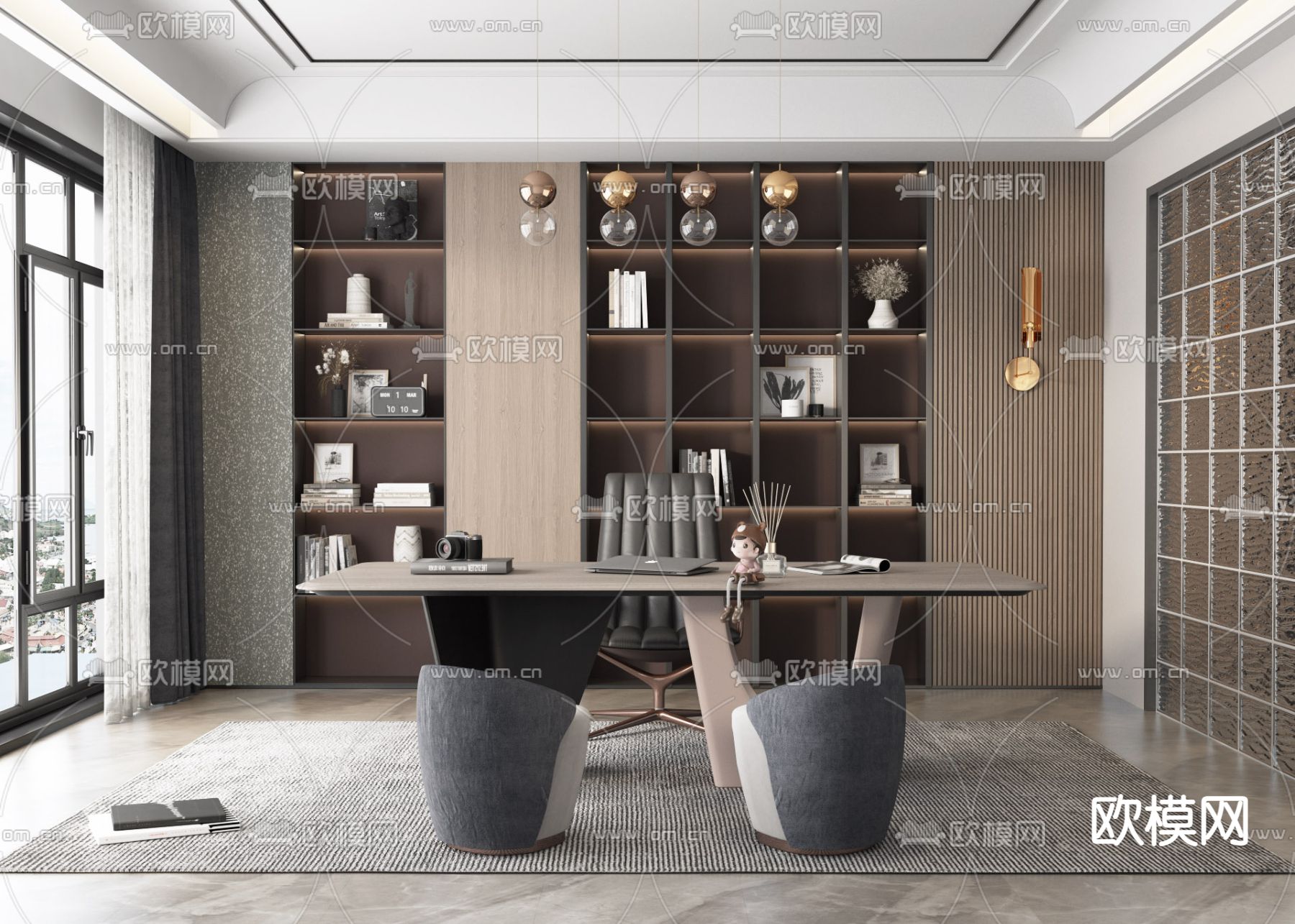 现代轻奢书房3d模型下载