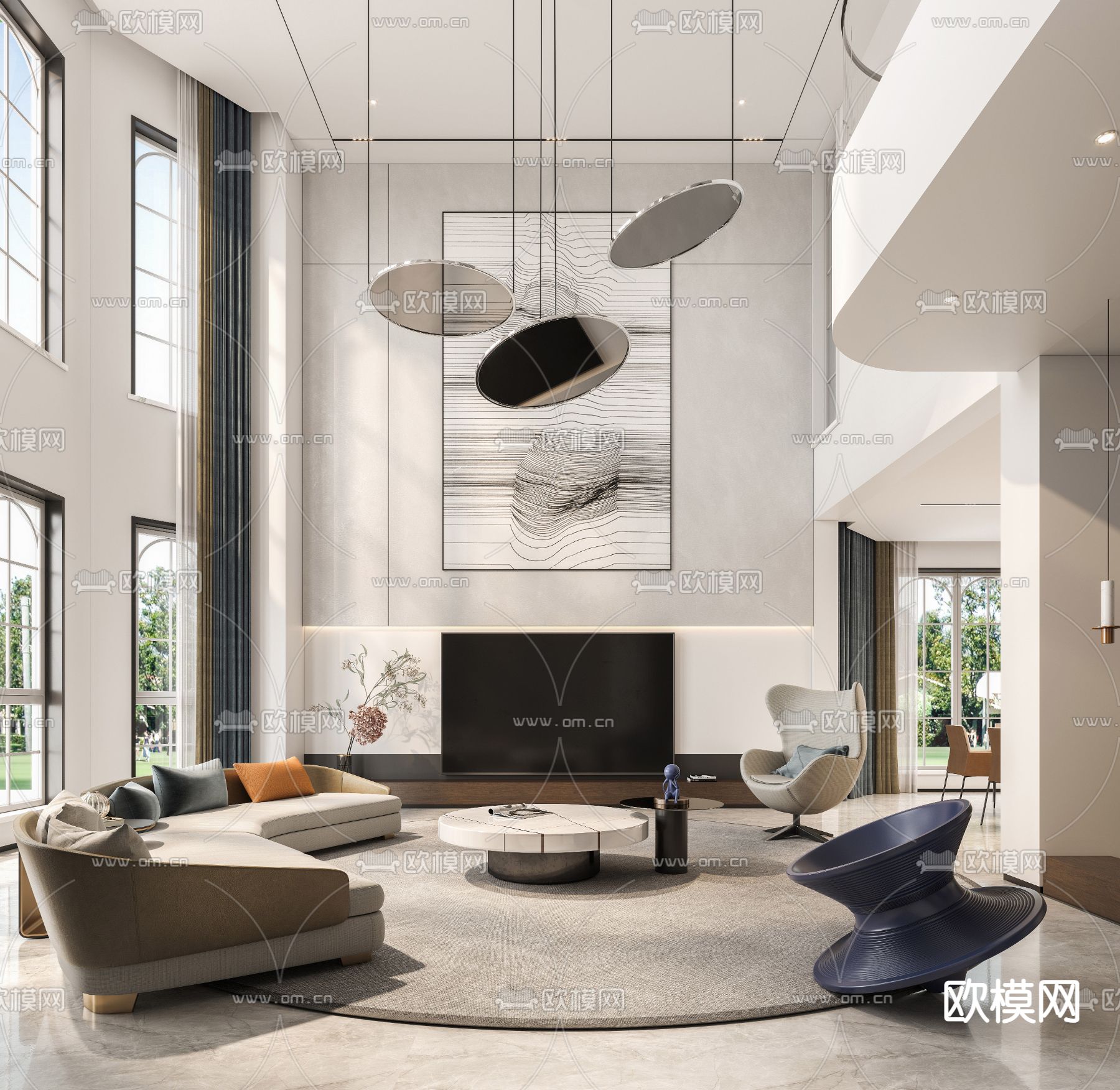 现代别墅轻奢客厅3d模型下载（渲染图1）