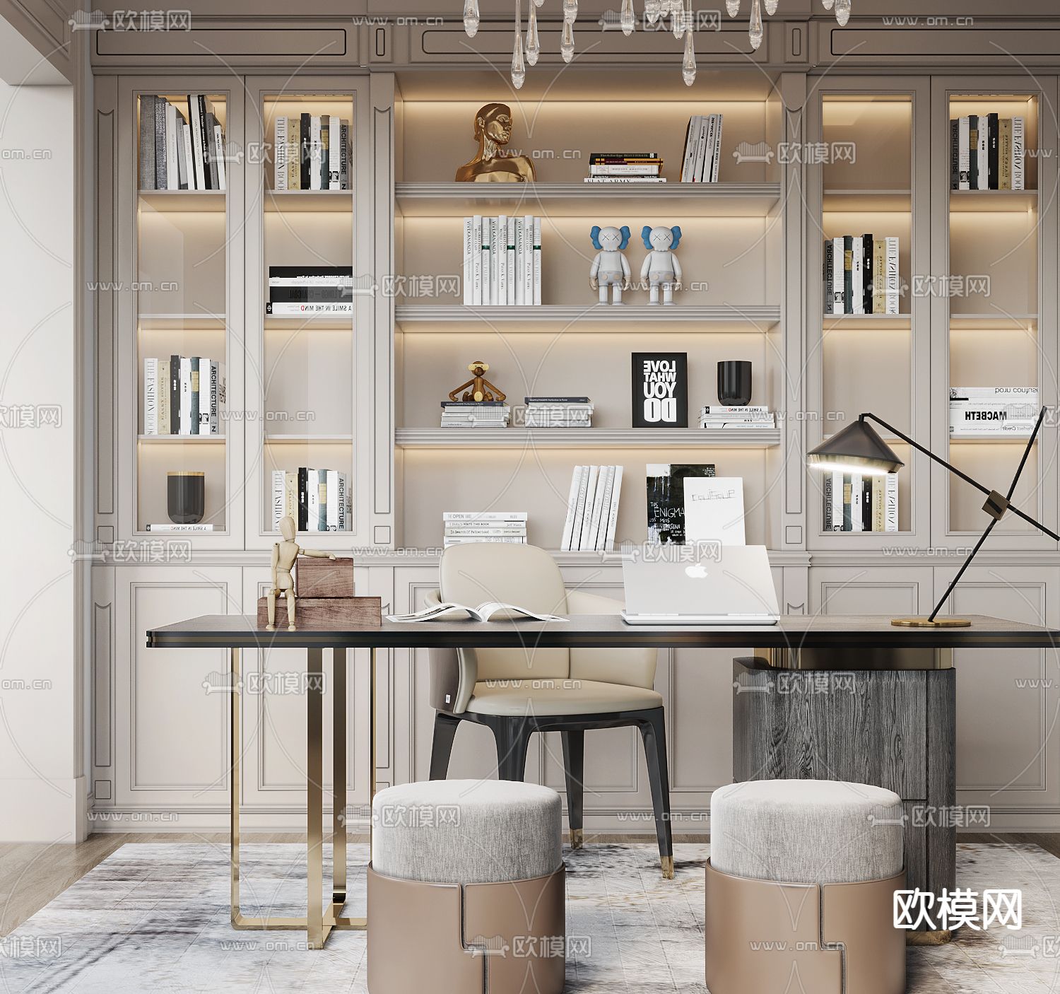 简欧书房3d模型下载（渲染图2）