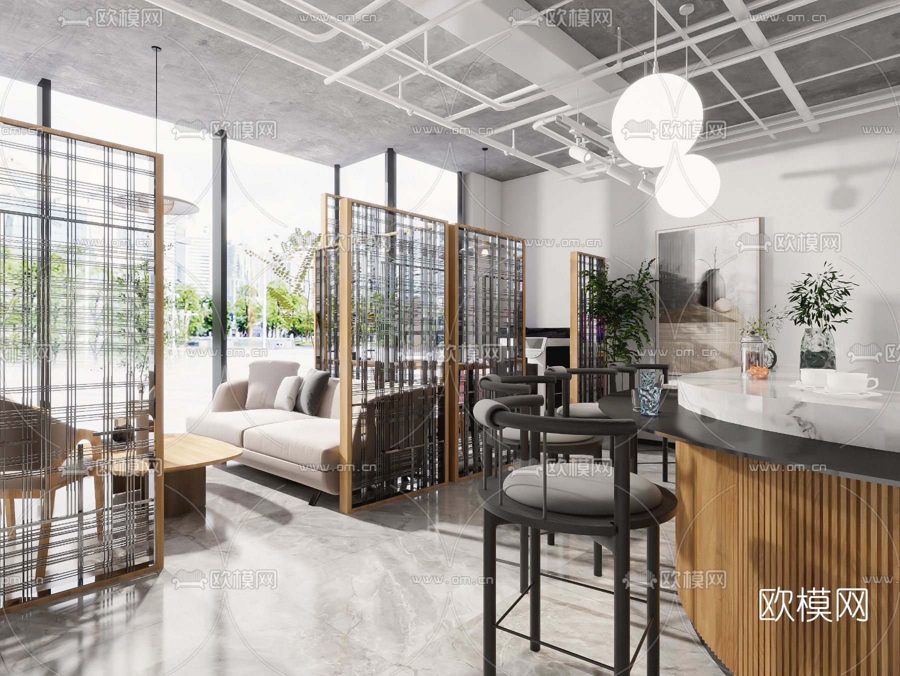 工业风咖啡厅3d模型下载（渲染图1）
