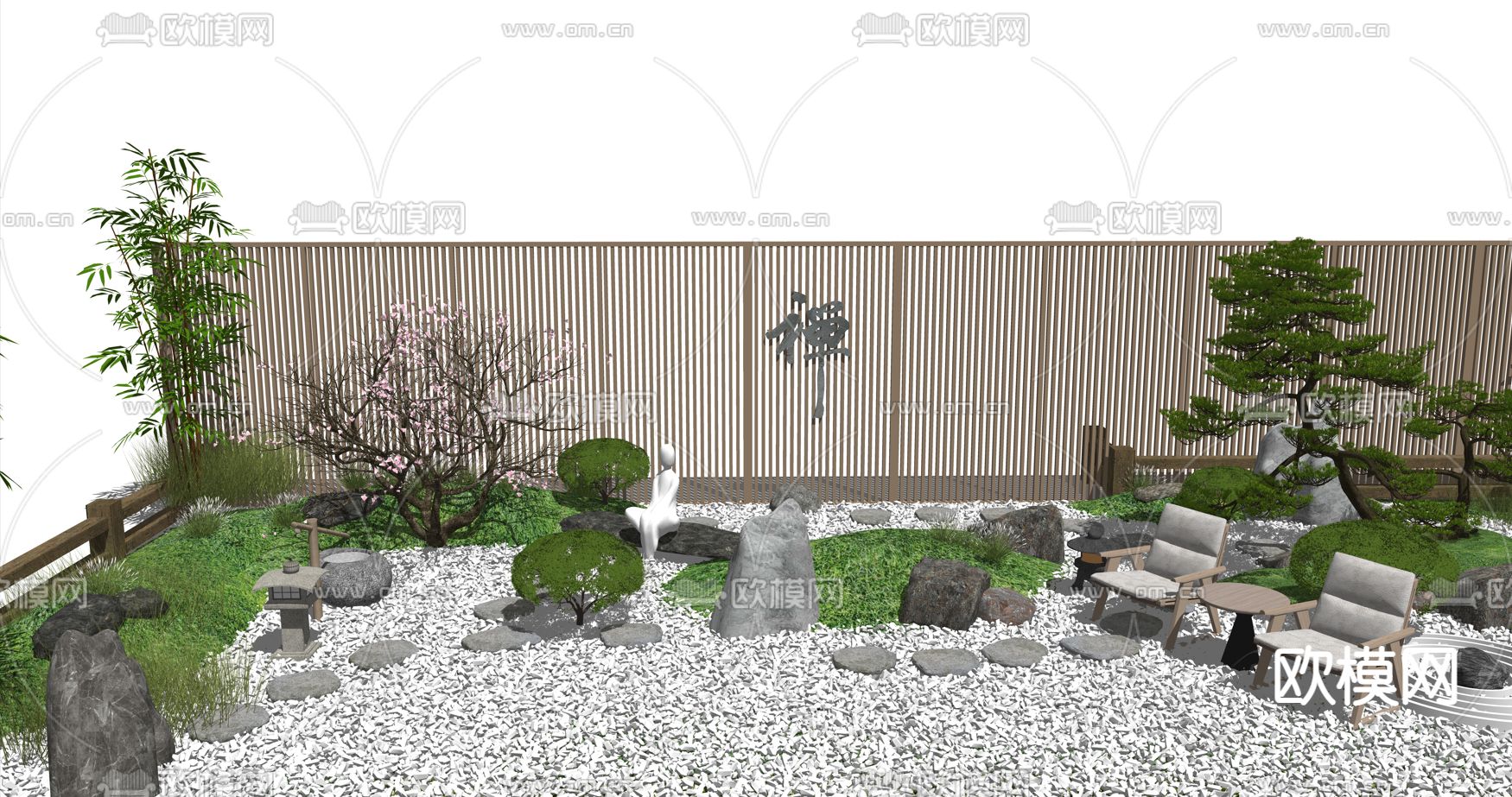新中式庭院景观su模型下载（渲染图1）