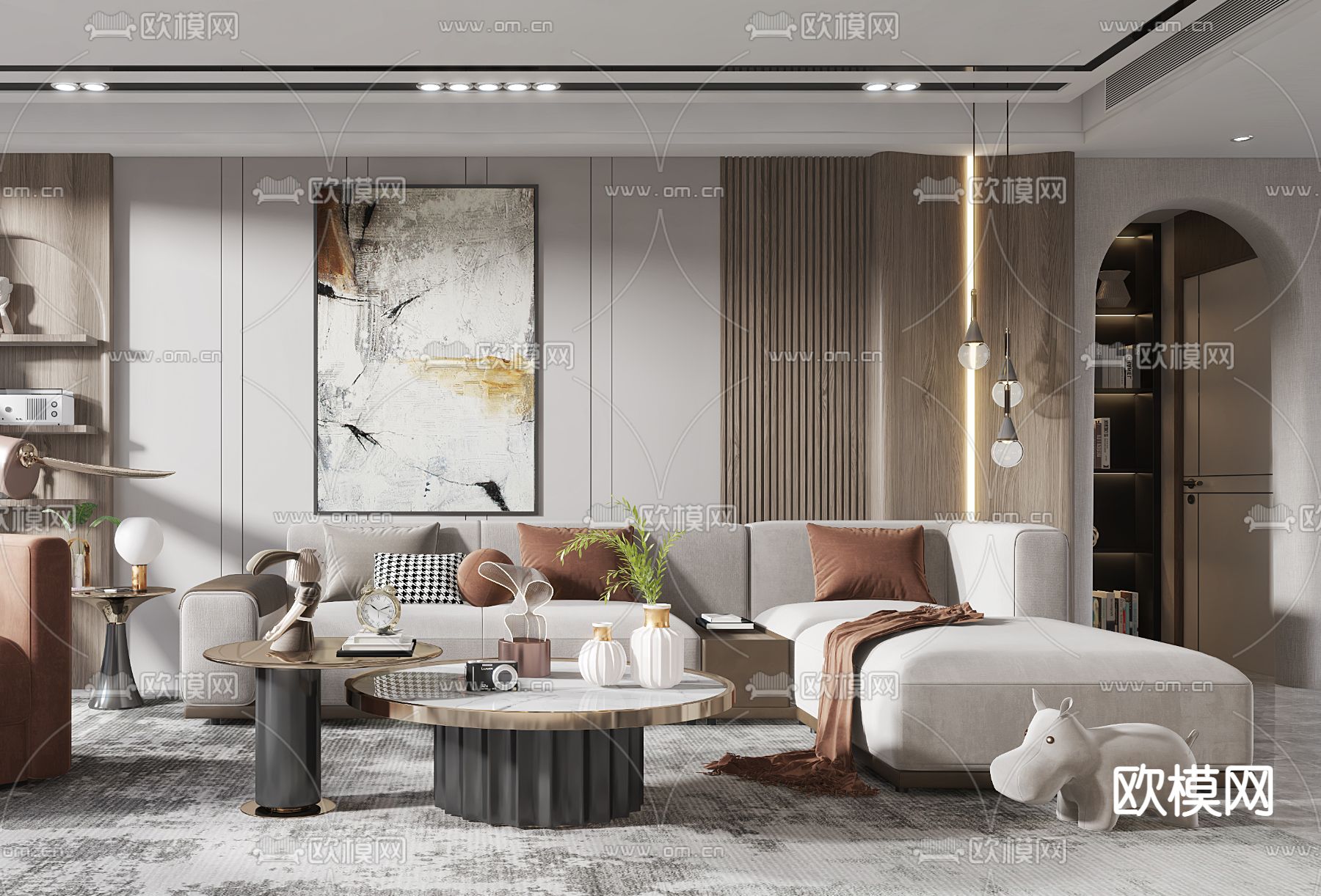 现代布艺转角沙发组合3d模型下载（渲染图3）