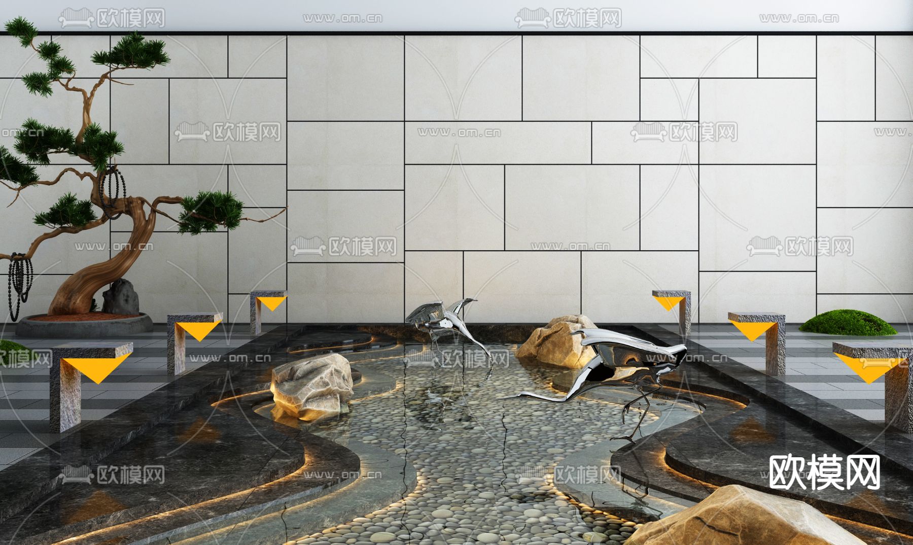 新中式庭院水景小品3d模型下载