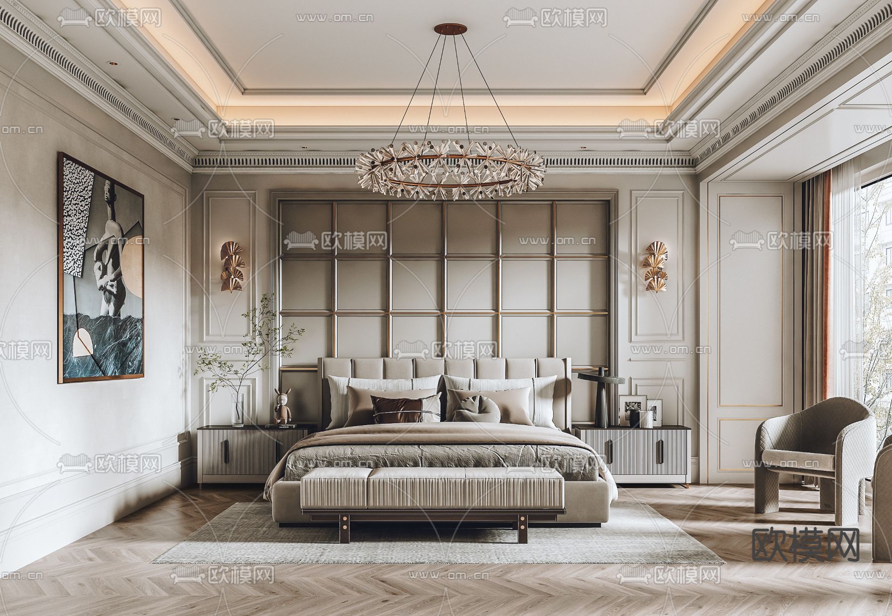 简欧卧室主人房3d模型下载