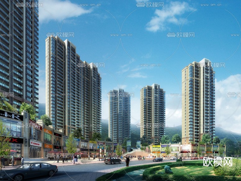 现代高层住宅商业街3d模型下载