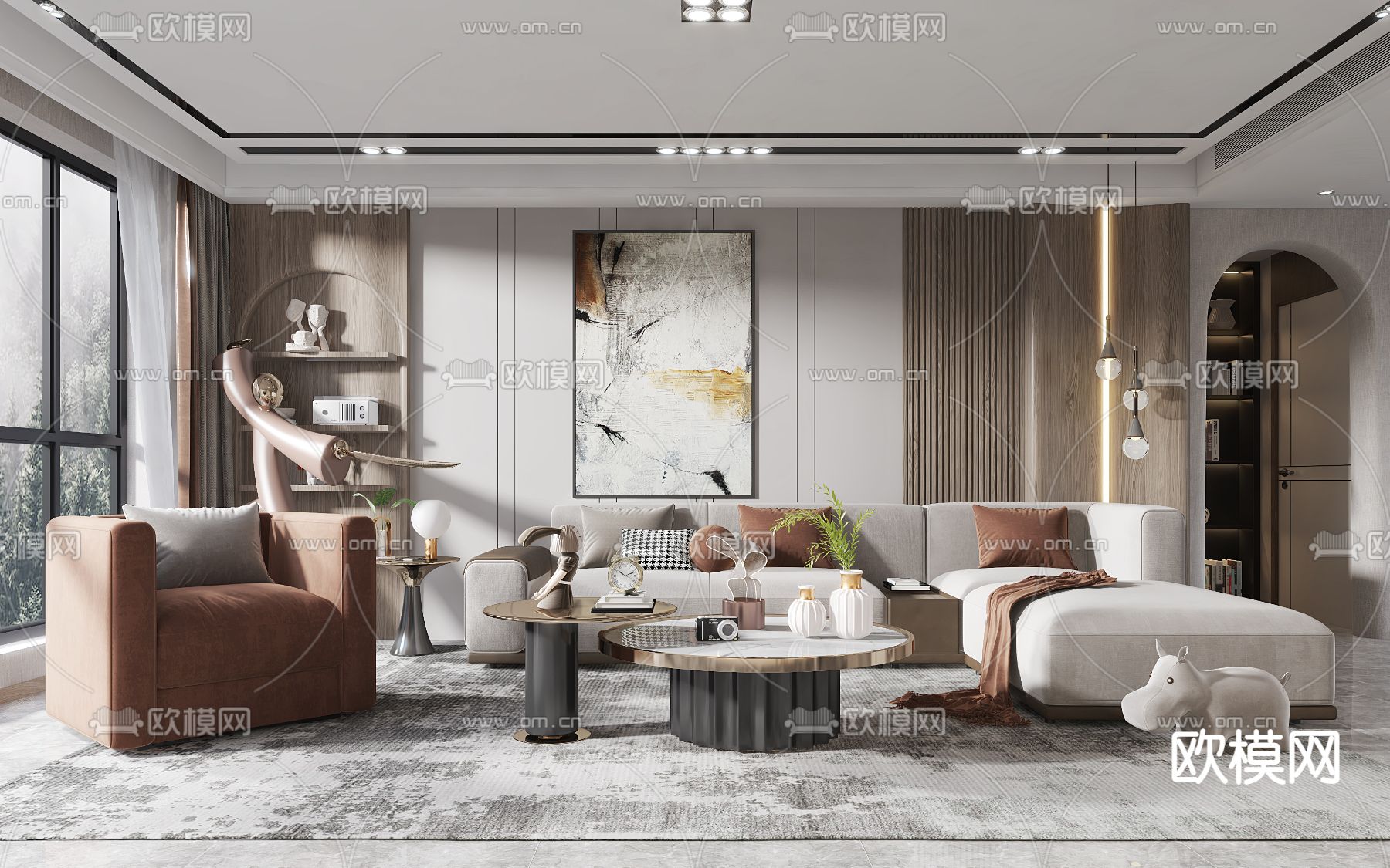 现代布艺转角沙发组合3d模型下载（渲染图1）