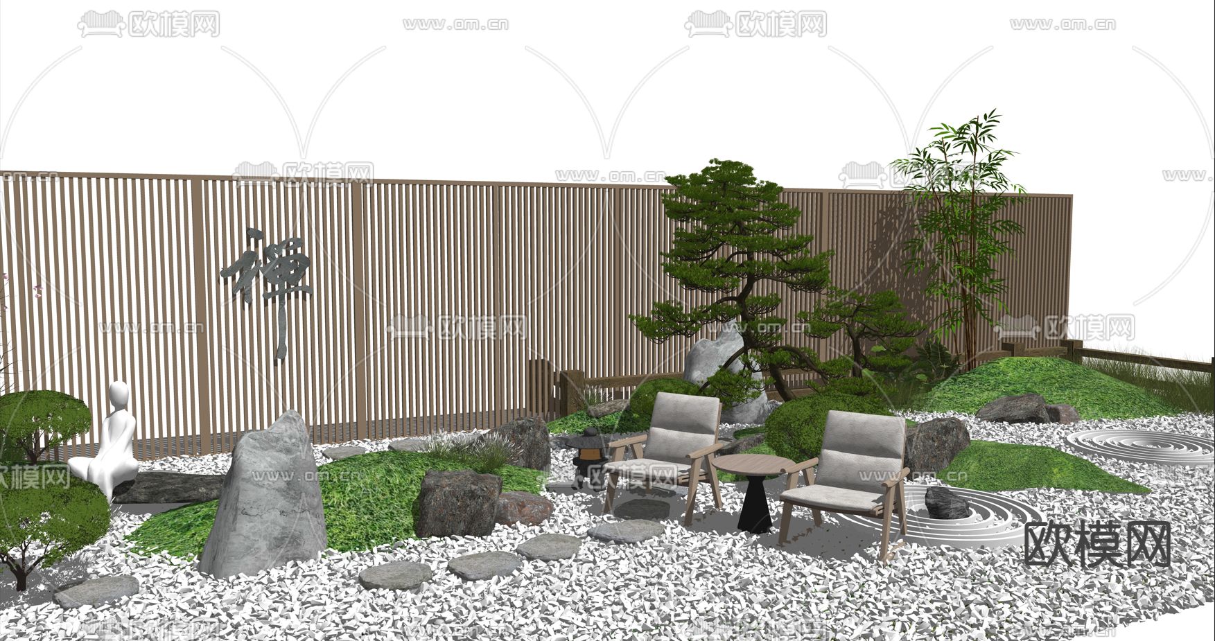 新中式庭院景观su模型下载（渲染图2）