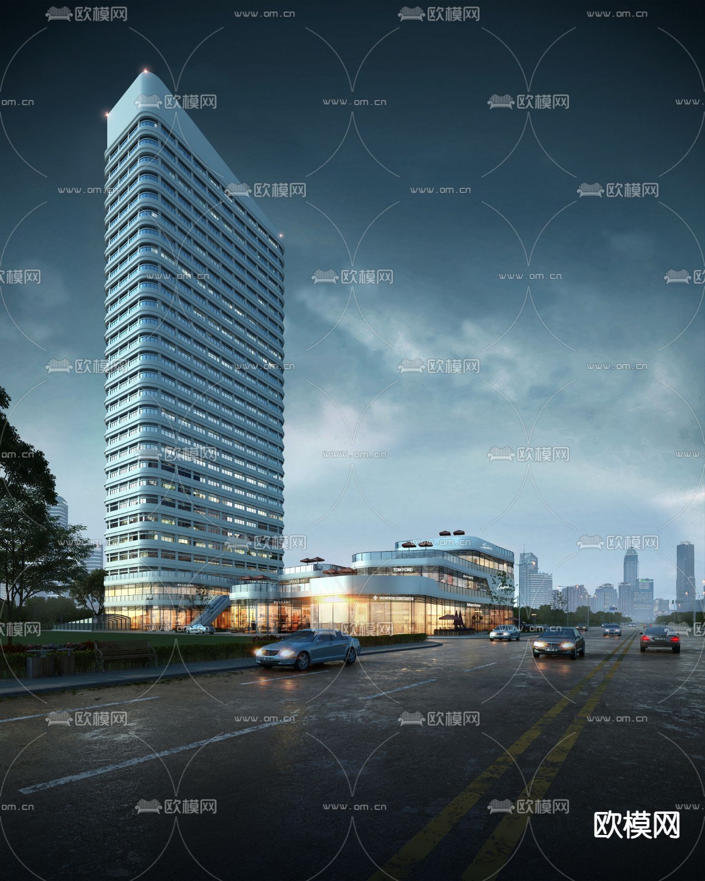 现代高层办公楼外观夜景3d模型下载