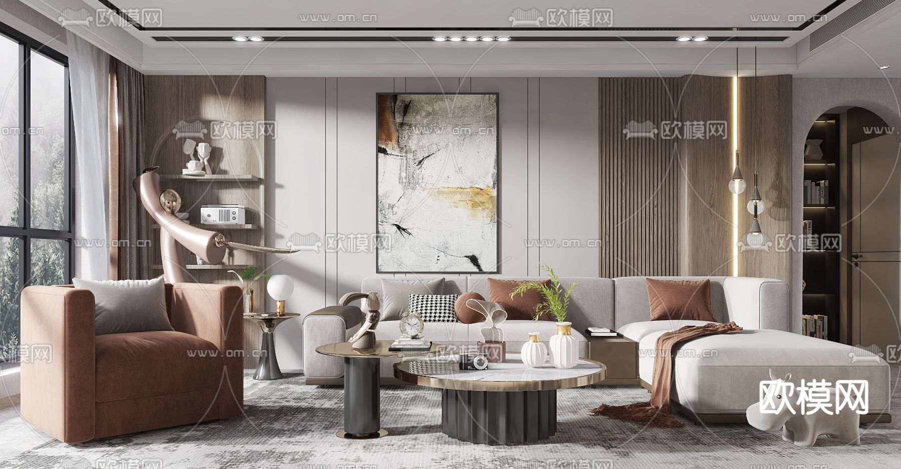 现代布艺转角沙发组合3d模型下载（渲染图2）