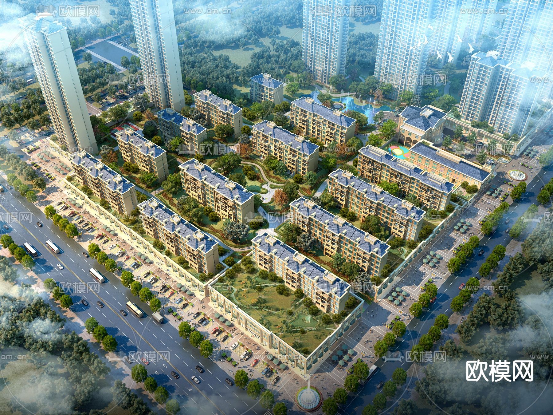 简欧住宅小区鸟瞰3d模型下载