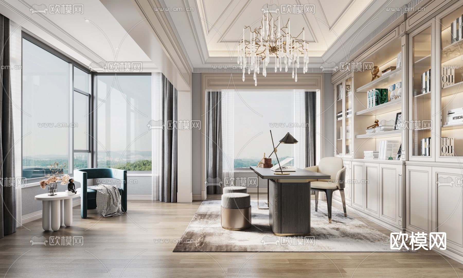 简欧书房3d模型下载（渲染图1）