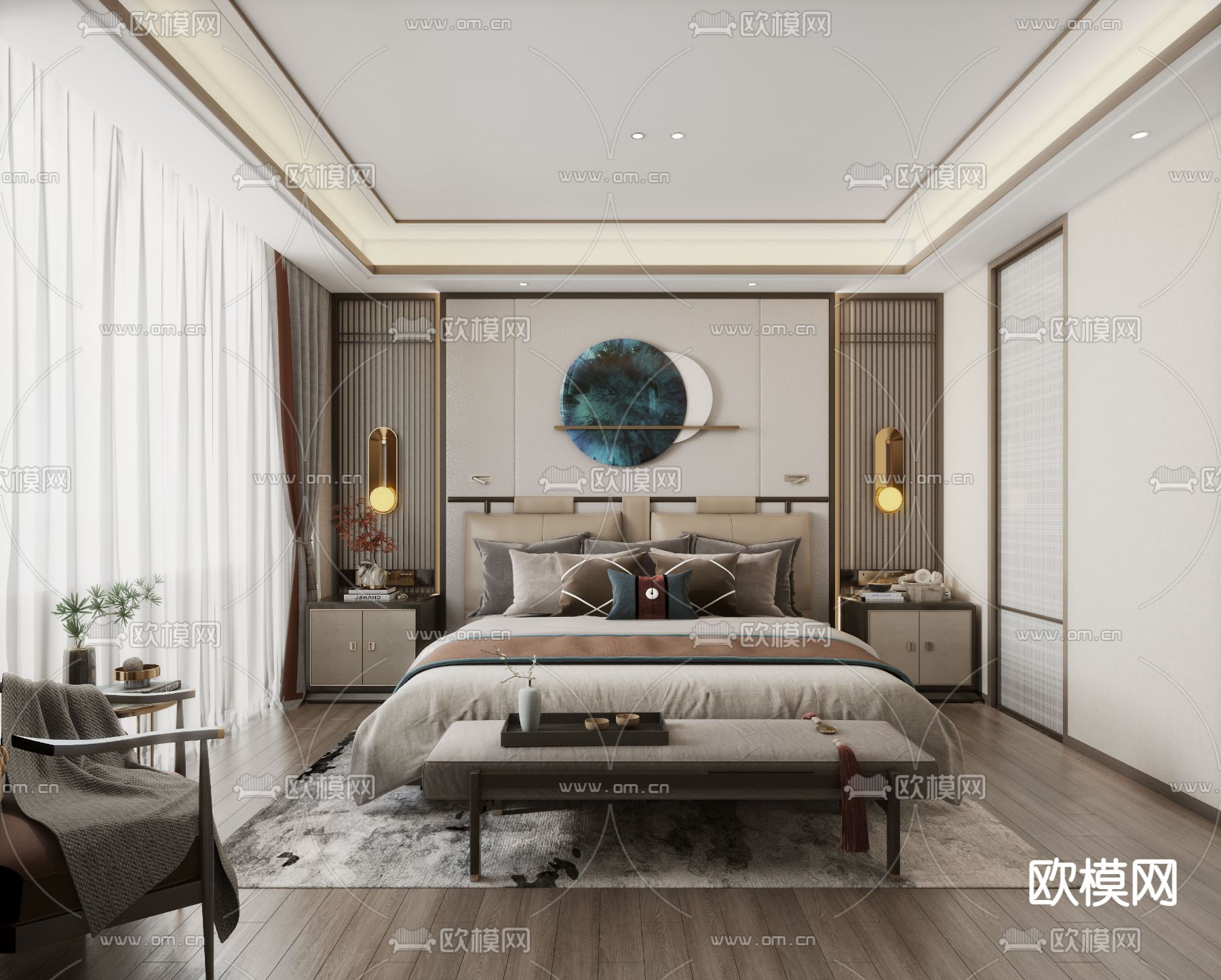 新中式卧室主人房3d模型下载
