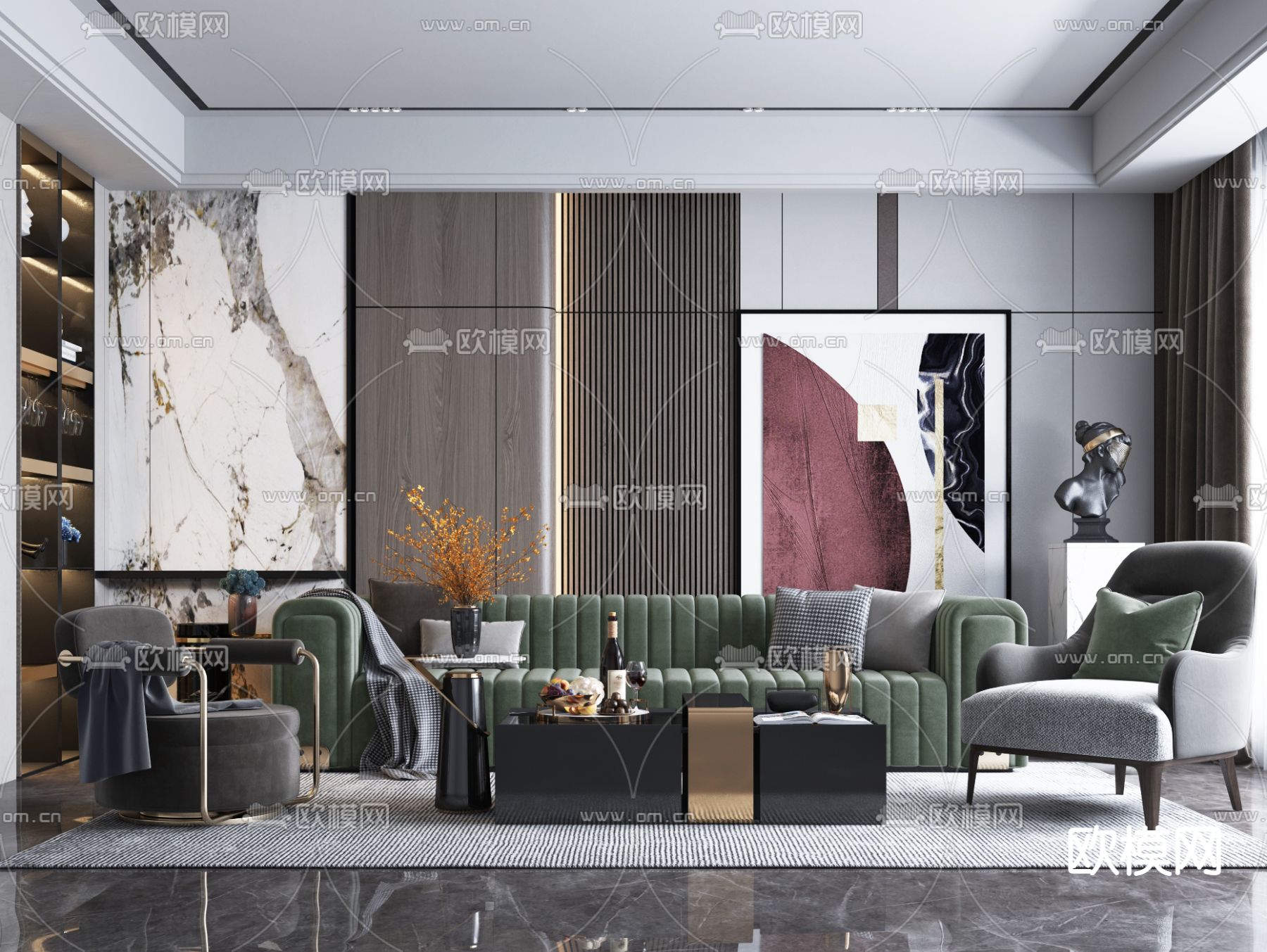 现代布艺沙发组合3d模型下载