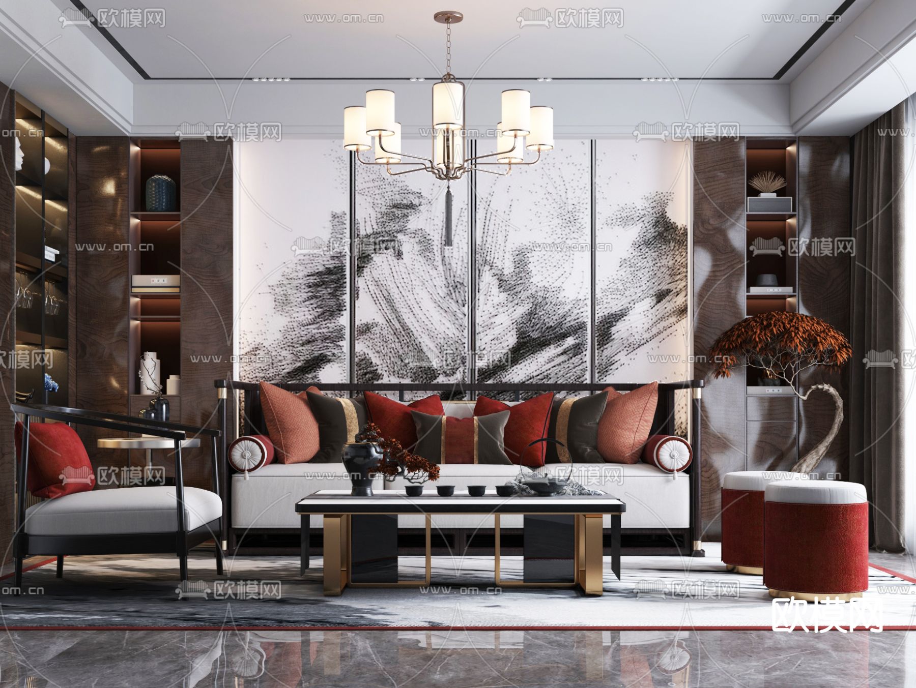 中式组合沙发3d模型下载