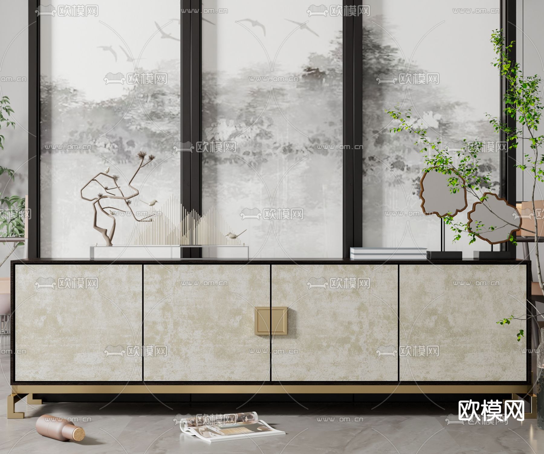 新中式轻奢电视柜3d模型下载