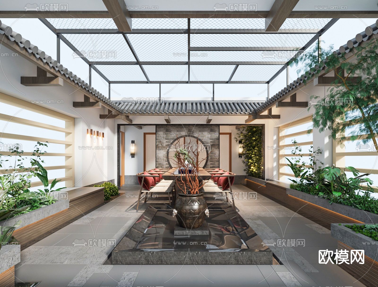 新中式楼顶花园阳光房3d模型下载