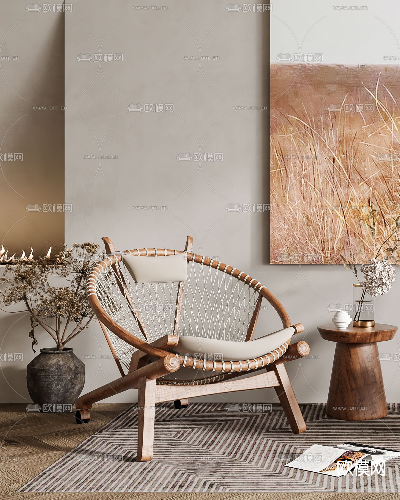 侘寂风绳编户外椅3d模型下载（渲染图2）