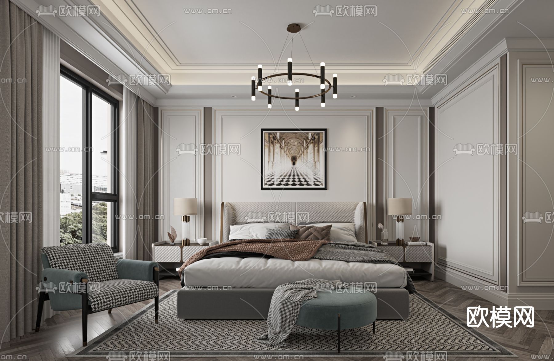 简欧卧室主人房3d模型下载（渲染图2）
