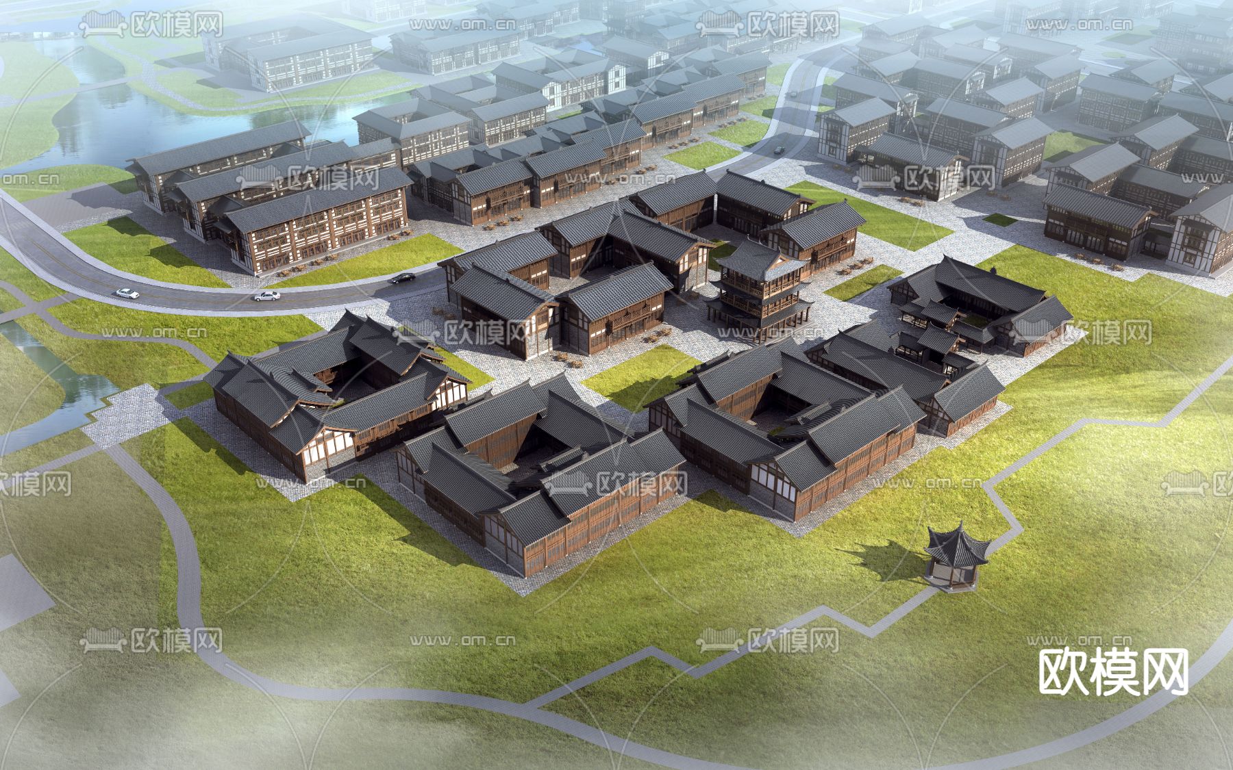 中式仿古建筑鸟瞰3d模型下载