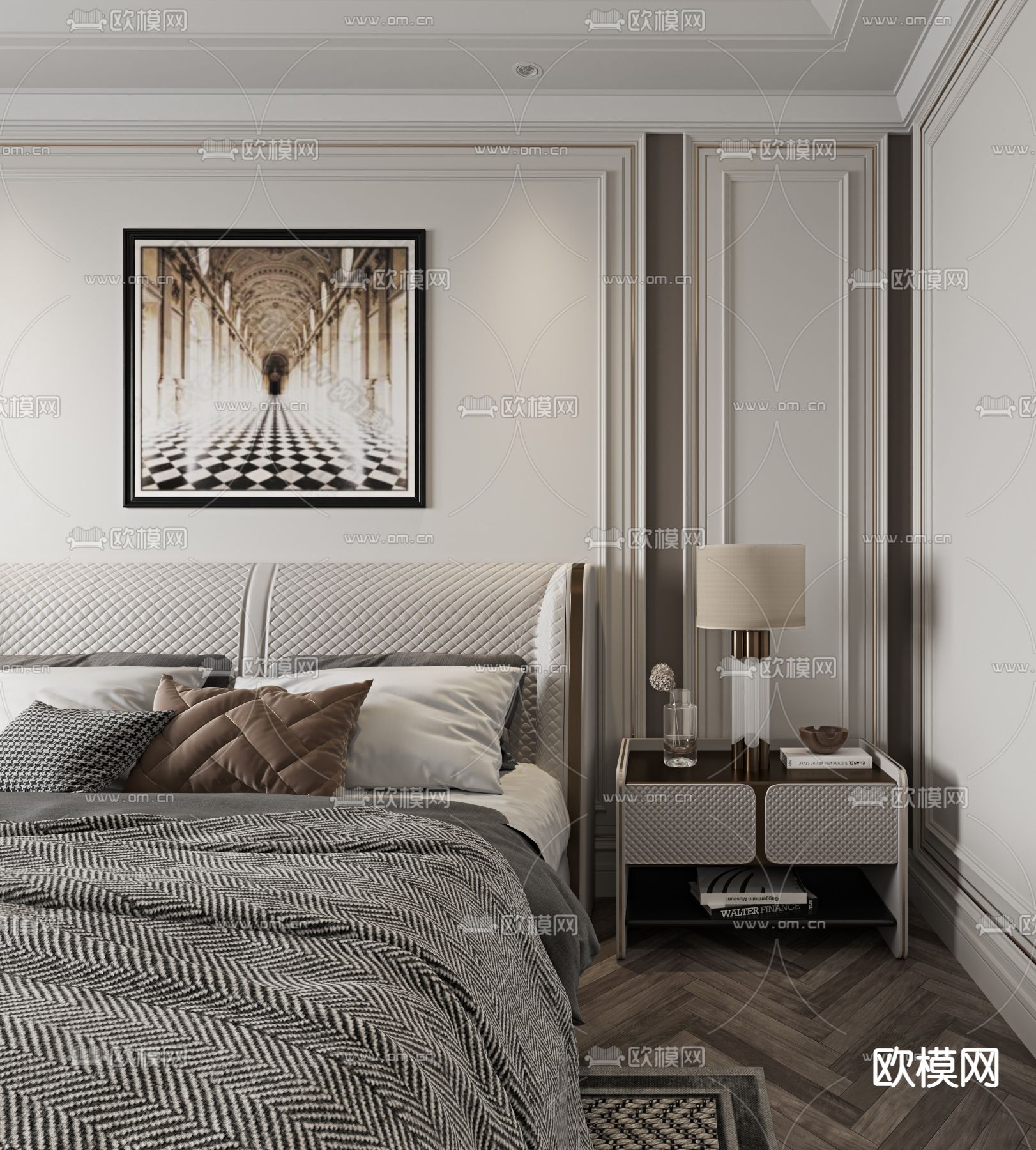 简欧卧室主人房3d模型下载（渲染图1）