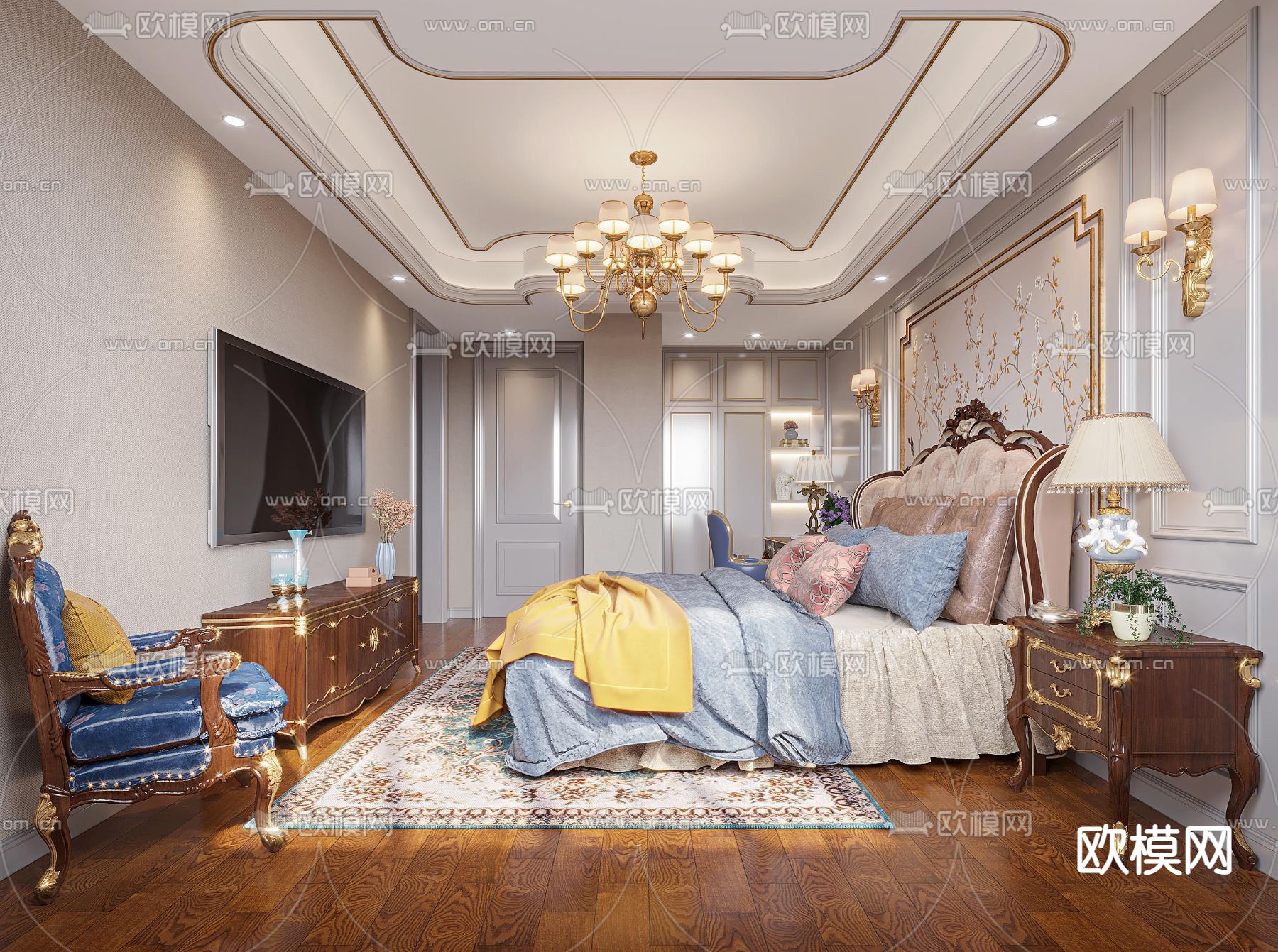 欧式轻奢卧室主人房3d模型下载
